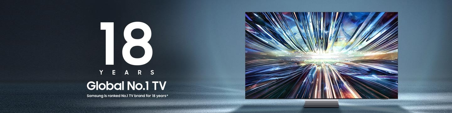 TV Samsung que muestra un diseño metálico brillante. Logotipo que indica que Samsung es la principal marca de TV desde hace 18 años.