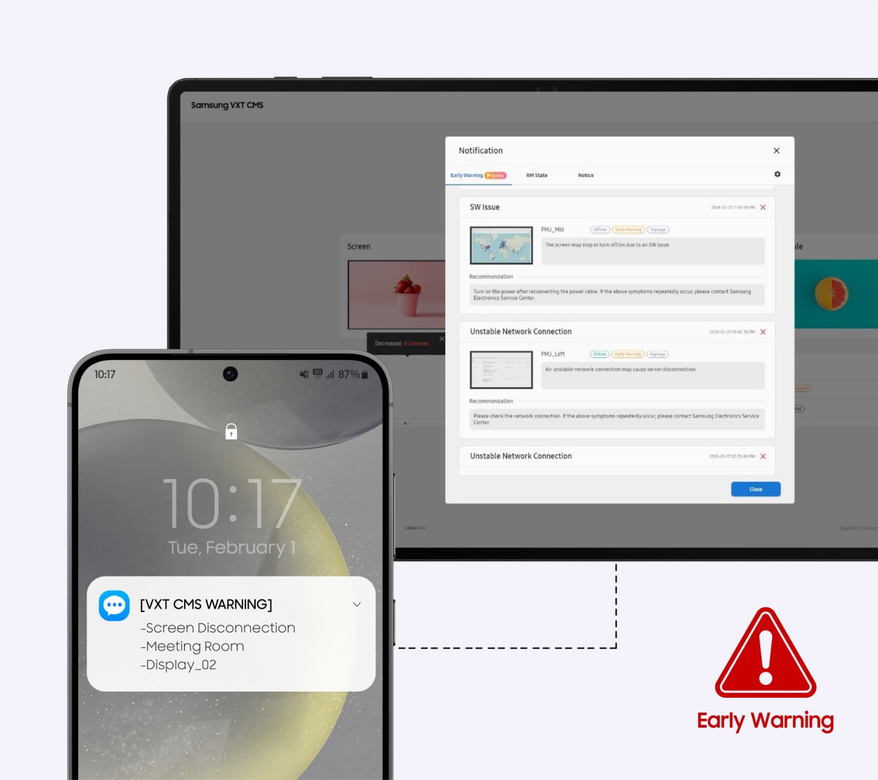 Der modtages en advarselsmeddelelse fra Samsung VXT på en telefon om, at skærmens Wi-Fi-signal er svagt. I nederste højre hjørne ses teksten 'Tidlig advarsel' med et ikon.