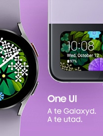 A partial shot of a Galaxy Watch with a floral screen appears next to a partial shot of a Galaxy Flip with the same imagery, to depict one user interface for all Samsung devices.