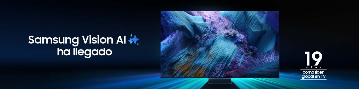 Samsung TV con un diseño metálico brillante. Logotipo que indica que Samsung ha ocupado el puesto número 1 en marcas de TV por 19 años. Samsung Vision AI está aquí con una señal visual brillante.