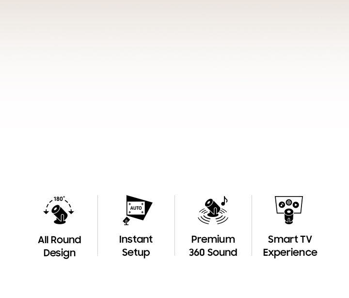 Záber zblízka na The Freestyle. Ikony pre All Round Design 180°, Okamžité nastavenie AUTO, zvuk Premium 360 a Smart TV Experience.