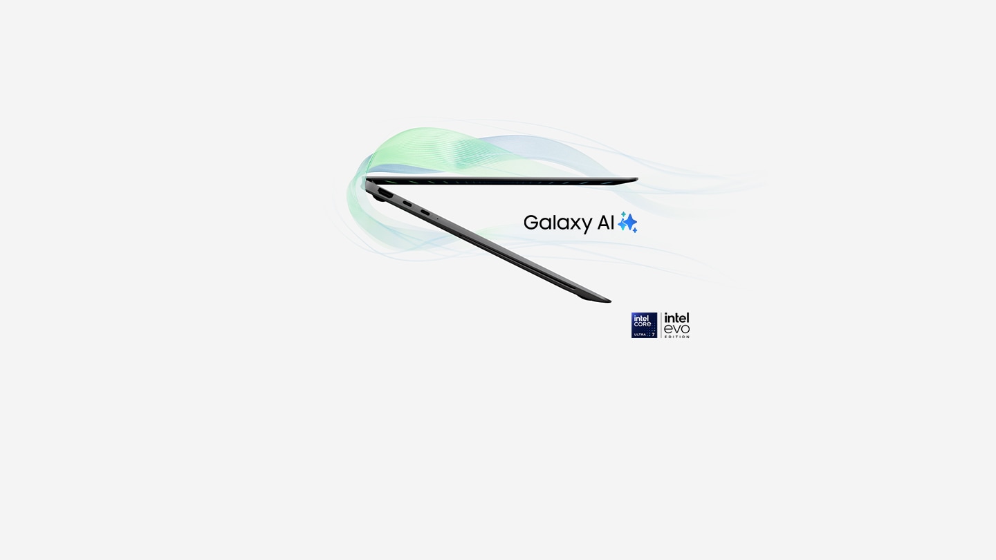 약 45도 접혀있는 갤럭시 북5 pro 노트북의 측면 모습, Galaxy AI라는 문구와 노트북의 우측 하단에는 Intel evo edition 로고가 있는