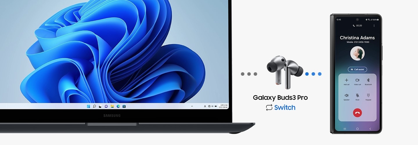 Von links nach rechts: ein Samsung Galaxy Book, Galaxy Buds3 Pro und Galaxy Z Fold6. Ein Anruf vom Galaxy Z Fold6 erscheint auf dem Bildschirm des Samsung Galaxy Book, das über PC Auto Switch mit den Galaxy Buds3 Pro verwendet wird. Nach der Annahme des Anrufs auf dem Galaxy Z Fold6 schaltet PC Auto Switch automatisch den Audioausgang der Galaxy Buds3 Pro vom Galaxy Book-Laptop auf das Galaxy Z Fold6 um.