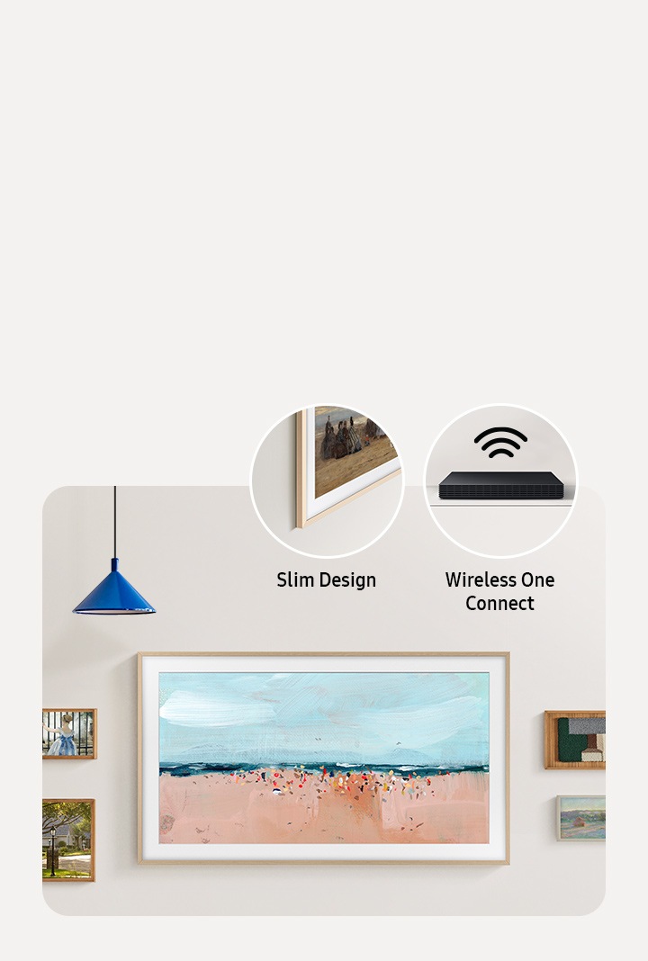 The Frame montiran na zid se uklapa u druge manje slike. Krupni planovi tankog dizajna i Wireless One Connect.