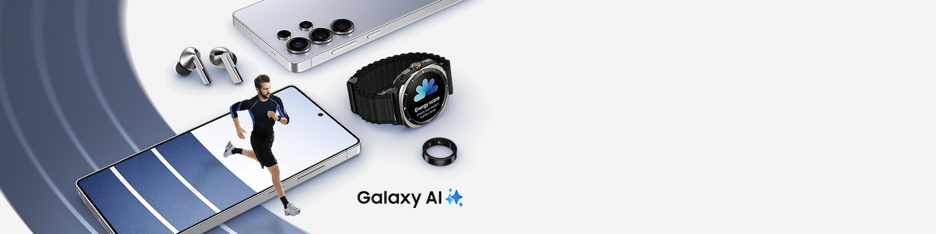 Dva Galaxy S25 Ultra uređaja. Onaj sprijeda je okrenut prema naprijed. Onaj pozadi je okrenut nazad. Gore lijevo su Galaxy Buds3 Pro slušalice. Na suprotnoj strani je Galaxy Watch Ultra sa energetskim rezultatom na ekranu. Ispod je Galaxy Ring. Staza je u pozadini i prikazana je i na Galaxy S25 Ultra sprijeda. Osoba u sportskoj odjeći trči duž staze. Galaxy AI i logo su u donjem desnom uglu.