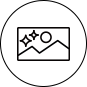 A circle containing a representation of a picture with a landscape scene.
