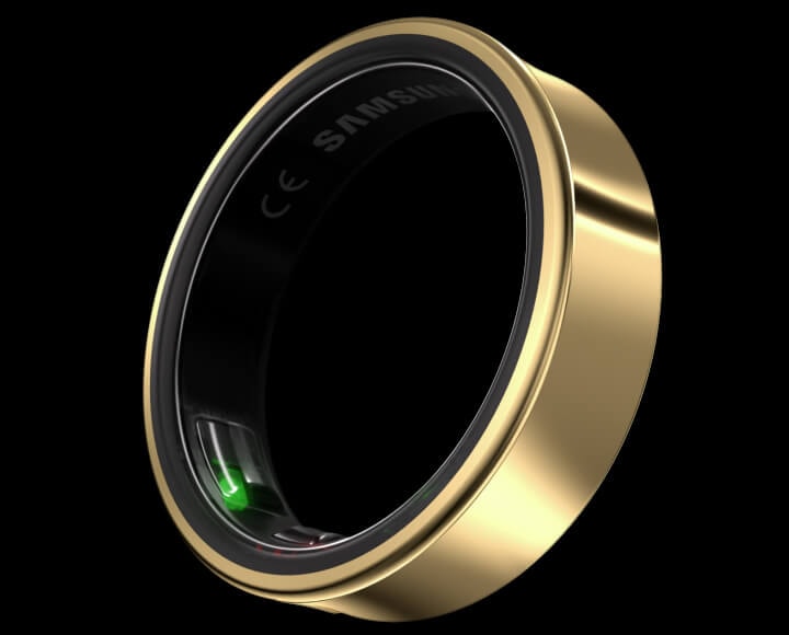 En Galaxy Ring synes i bakgrunnen. Tre ringer vises i forgrunnen i en fallende bevegelse fra høyre til venstre. Den øverste til høyre viser siden av ringen. Den i midten er vinklet for å vise innsiden av ringen. Den siste til venstre er litt mer vinklet enn den i midten.