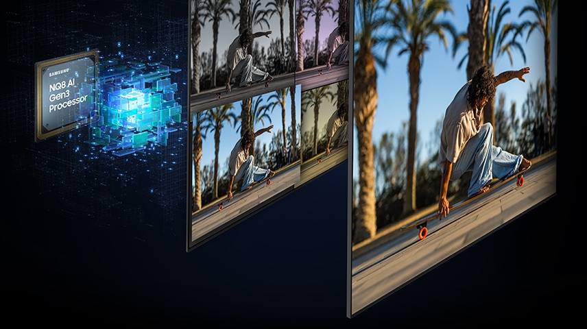 Samsung NQ8 AI Gen3-prosessor bak skjermlagene jobber for å optimalisere bildeinnstillinger som resulterer i et skarpt, levende bilde.