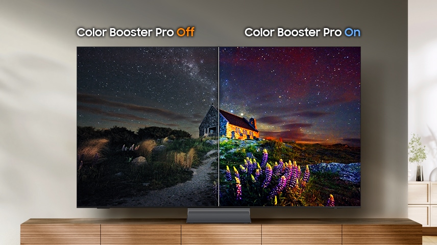 Uma TV apresenta um ecrã dividido com o Color Booster Pro desligado, que é monótono, e o Color Booster Pro ligado, que é vívido.