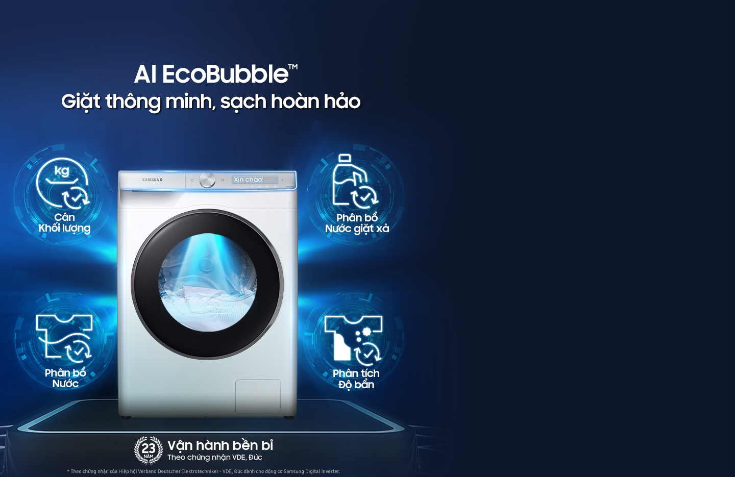 Cảm biến chất liệu sợi vải & tự động phân bổ nước giặt xả theo độ bẩn, giặt sạch hoàn hảo, bảo vệ vải tốt hơn 45% và tiết kiệm đến 70% điện năng.