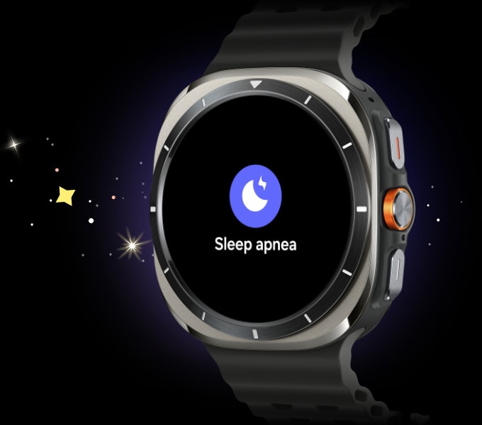 A Galaxy Watch Ultra is seen with a text 'Sleep apnea' and its icon.