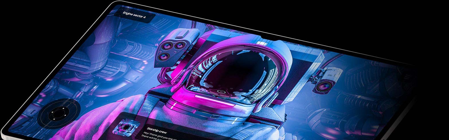 Galaxy Tab S9 ở chế độ ngang, trên màn hình là game hành động khoa học viễn tưởng.